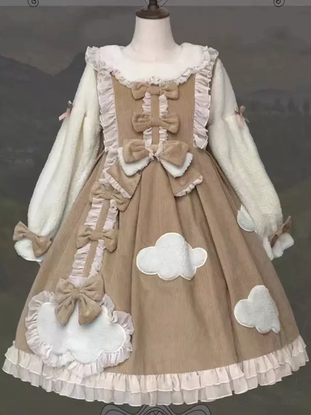 Brown corduroy lolita dress on mannequin full front view plush contrast sleeves ruffled hem bow trims