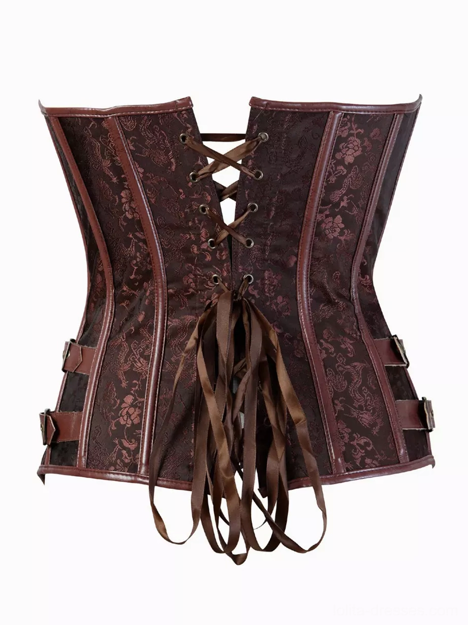 Brown corset top back view showing ribbon lace-up closure and side leather buckle straps romantic lacing