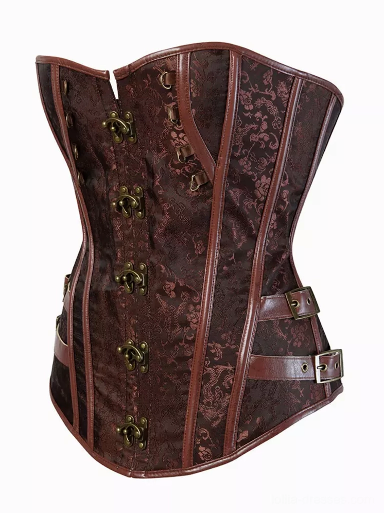 Brown corset top side angle view showing side buckle straps and brown leather accents jacquard weave