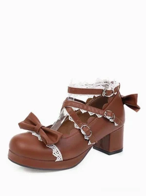Brown lolita block heel shoes with scalloped lace trim, double buckle ankle straps, and front bow embellishment displayed on white studio background