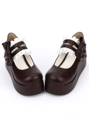 Brown lolita platform shoes with ruffled white trim and decorative bow strap thick platform sole