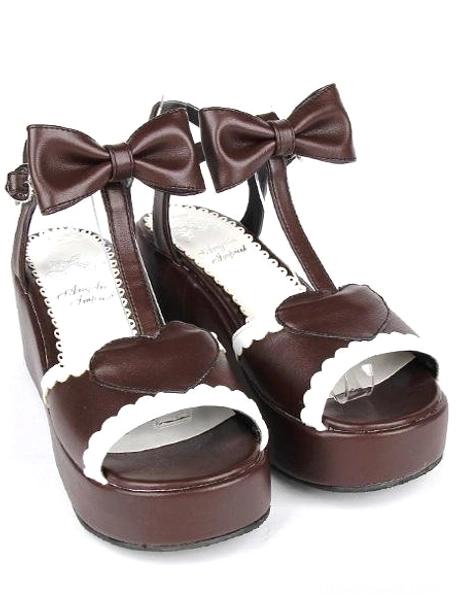 Brown PU leather Lolita sandals paired placement front view compact positioning insole detail sweet fashion footwear flat lay