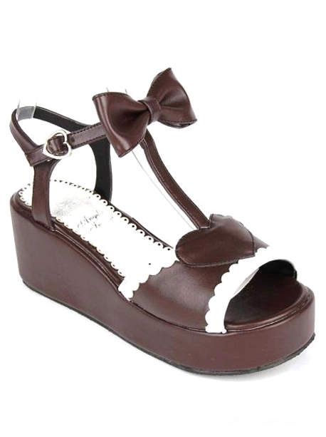 Brown PU leather Lolita sandals front right angle view with peep toe white scalloped trim bow decor kawaii street fashion shoes
