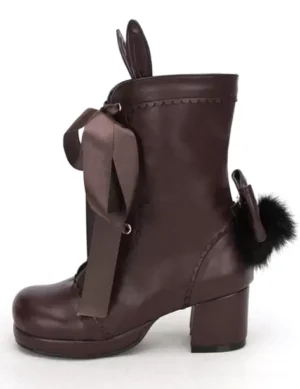 Single brown Lolita bootie left side angle displaying fluffy pom-pom back heel accent and bunny ear top detail