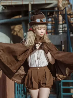 Front full view of brown lolita steampunk cape paired with white blouse brown shorts and steampunk hat showing contrasting inner lining