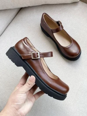 Close-up hand-held view of brown Mary Jane Lolita pumps displaying polished leather texture, thick platform sole, square metal buckle closure, and meticulous craftsmanship details