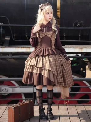 Brown plaid classic lolita sleeveless jumper skirt full front view layered ruffled skirt and chest bow detail