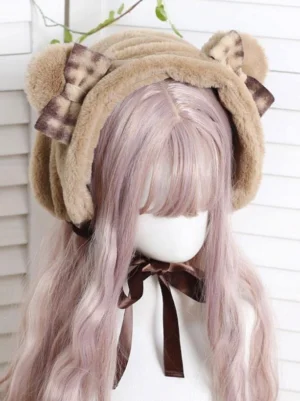 Brown plush bear ear lolita hat bow accessory with leopard print bows worn on mannequin with light purple wavy wig and brown ribbon - sweet lolita headdress front view