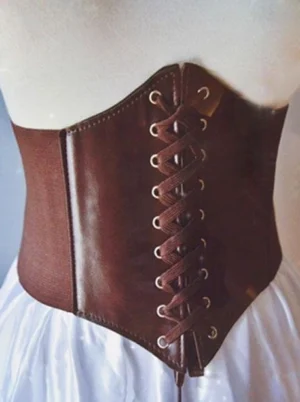 brown pu lace-up waist corset with crisscross lacing and metal eyelets worn on model with white satin skirt classic lolita corsage front view