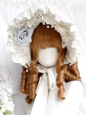 Brown Roman curl lolita wig styled with vintage lace bonnet and grey rose decoration, demonstrating accessory pairing options for tea party coordinates and romantic lolita ensembles