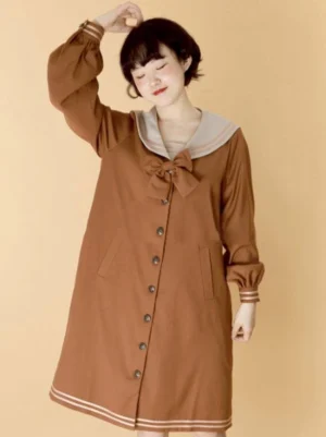 Brown sailor sweet lolita coat with decorative buttons striped trims and lantern sleeves front view