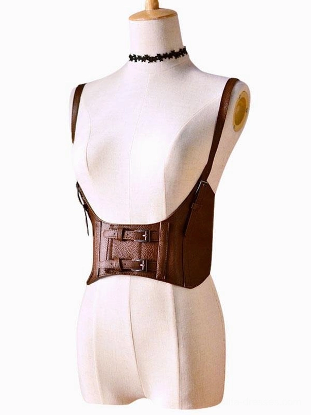 Brown steampunk lolita corset bustier with dual metal front buckles and adjustable shoulder straps, front full-body view on dress form