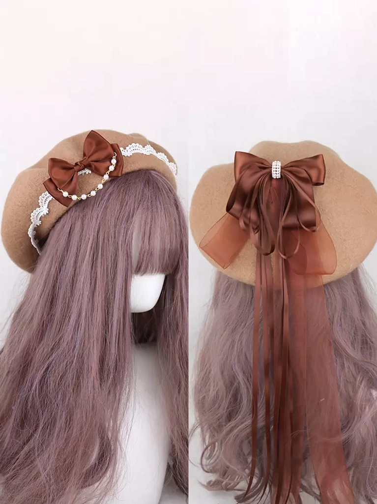 Tan brown lolita beret with pearl lace trim satin bow cascading tassel vintage headdress