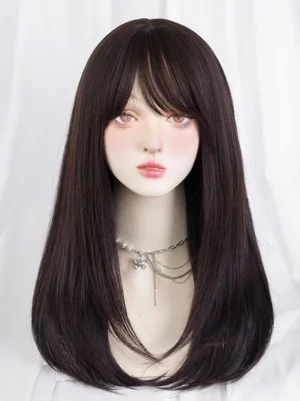 Brownish black long straight synthetic lolita wig with delicate air bangs and tousled texture worn on mannequin head with layered necklace front view