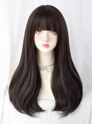 Brownish black long wavy sweet lolita wig front view with neat blunt bangs on mannequin wearing silver layered necklace