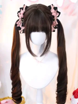 Brownish-black sweet Lolita twin ponytail wig with pink-black bow clips and blunt bangs on mannequin head, front view