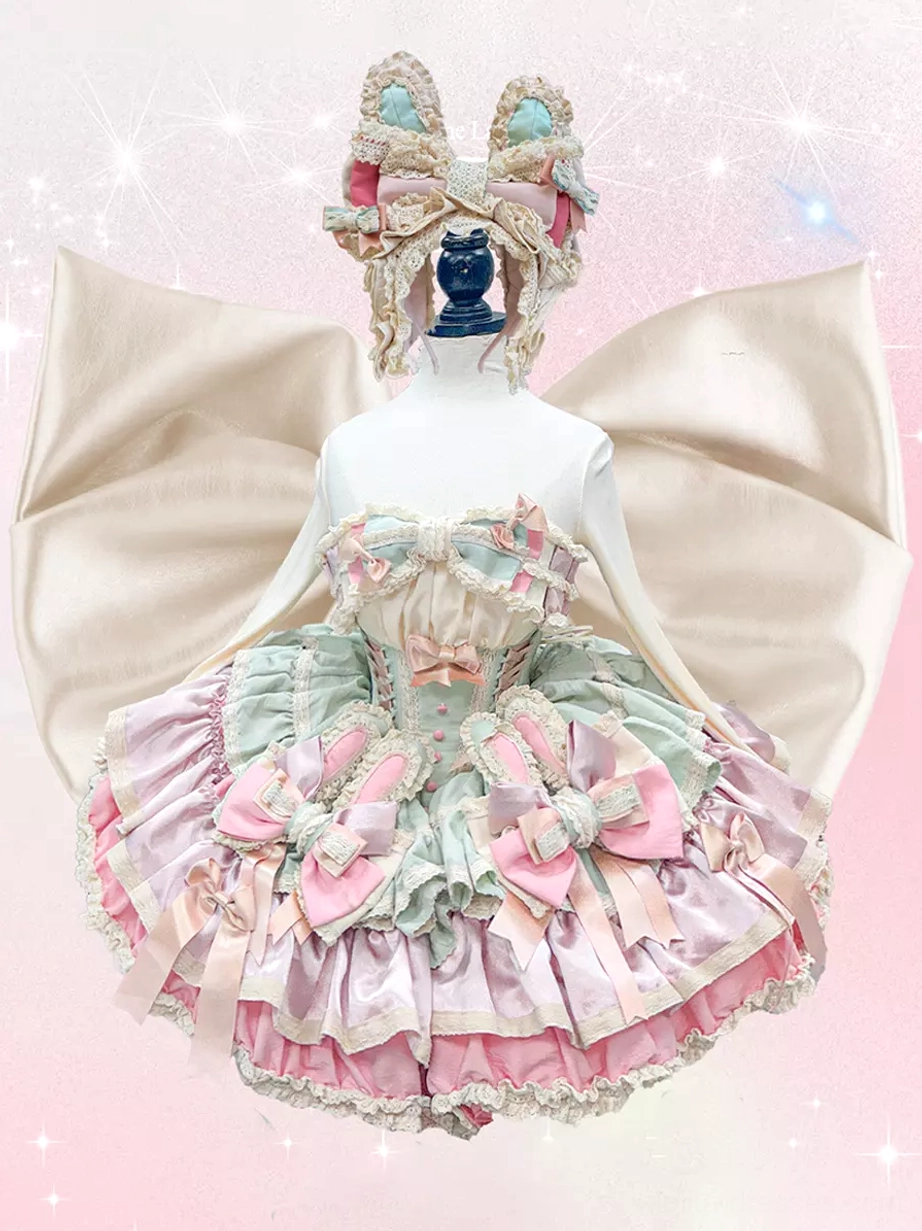 Bunny ear sweet lolita dress front view with matching rabbit ear headdress and large back satin bow detail