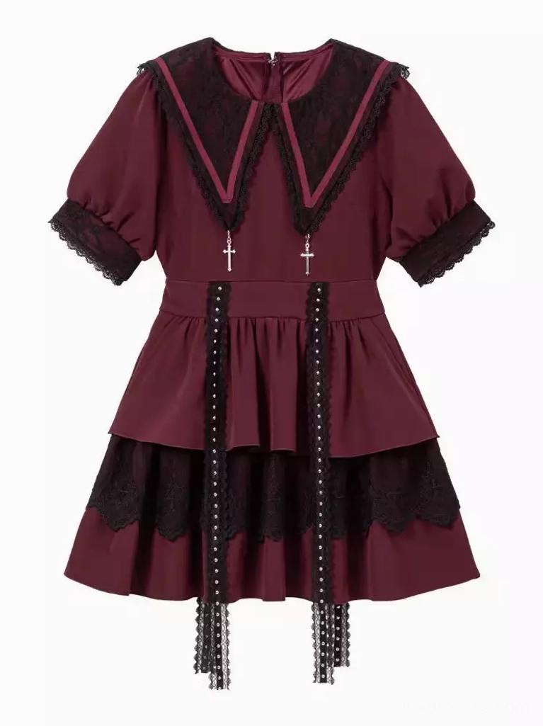 Wine red and black gothic lolita sailor dress flat product shot on white background featuring layered ruffle hem with tassel decorations and cross accent