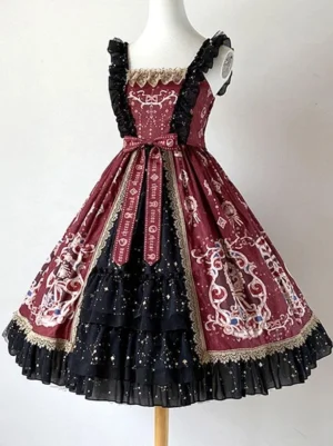 Burgundy and Black Classic Lolita JSK Dress with Vintage Star Pattern - Front Studio View on Dress Form Displaying Lace Trim Embellishment and Decorative Front Bow Sash Detail