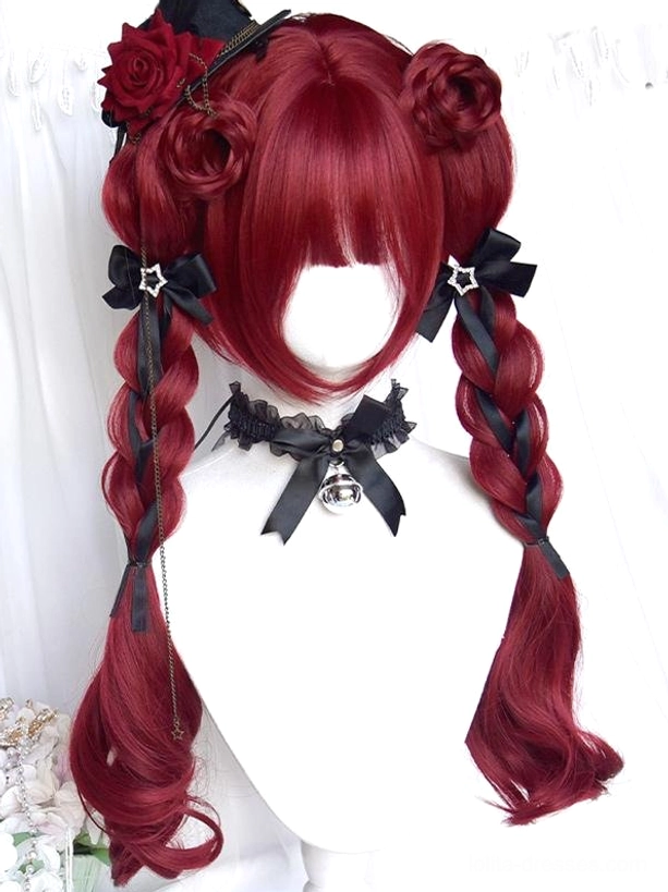 Burgundy braided twin-bun lolita wig with double bun bangs star-patterned bow clips rose hair decoration and bell choker with hanging decorative chain