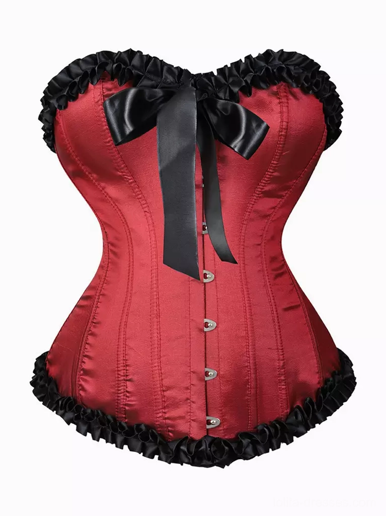 Deep burgundy satin underbust corset with multiple ruffled tiers and black detailing, front view featuring metal button closure and romantic bow