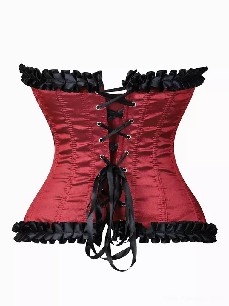 Deep burgundy satin underbust corset rear view showcasing functional lace-up back closure with black ribbon ties and cascading ruffled details