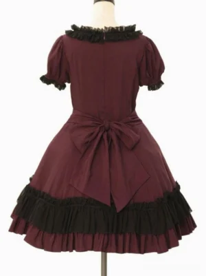 Burgundy classic lolita short dress back view with waist bow large back decoration double ruffled hem zipper closure flat lay on dress form