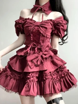Burgundy classic lolita dress with off-shoulder puff sleeves, large front bows, and ruffled layered skirt featuring neck collar detail