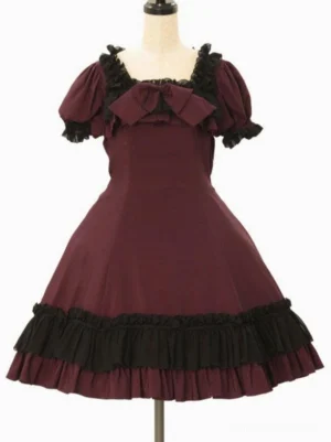 Burgundy classic lolita short dress front view with square neckline black ruffled collar puffed sleeves front bow detail flat lay on dress form