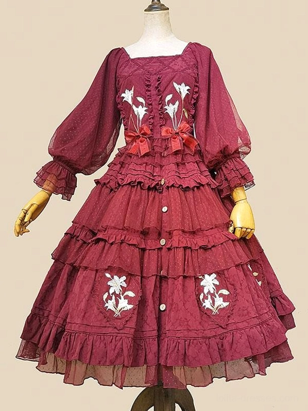 Burgundy Classic Lolita dress on dress form front view featuring square neckline sheer puff sleeves waist bow decoration and floral embroidery layered ruffles