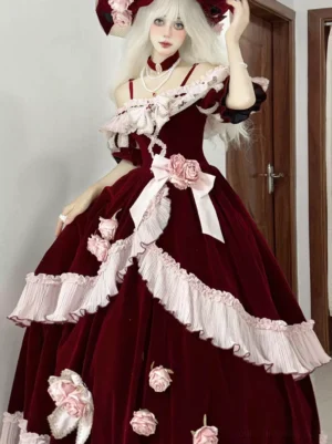 burgundy off-shoulder fairy lolita ball gown with velvet ruffle detailing pink flowers white bow front view