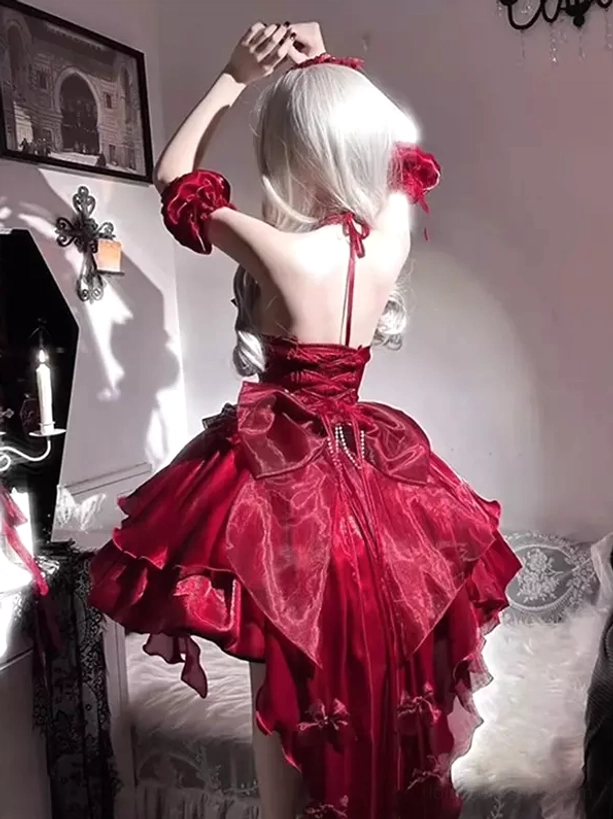 Burgundy Gothic Lolita dress back shooting view with backless halter lace-up design, layered ruffled skirt, oversized back bow with pearl accents
