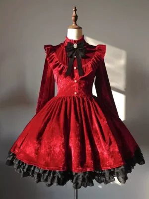 burgundy gothic lolita velvet princess dress full front view showing layered black lace hem and fitted waist swing skirt