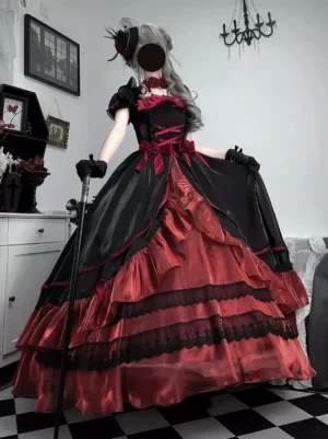 Burgundy gothic lolita long dress front view with layered mesh ruffles short puff sleeves and red ribbon accents worn by model with grey wig