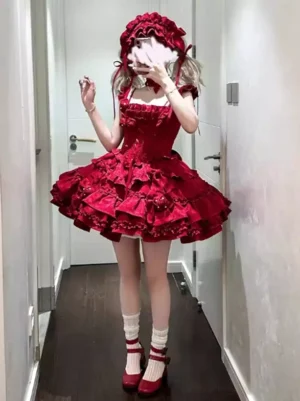 Burgundy Gothic Lolita dress full front body view showing square neckline, frilled straps, and layered ruffle skirt silhouette