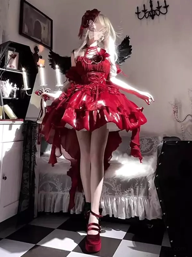 Burgundy Gothic Lolita dress back full-body view with high-low tail skirt, halter neck design, off-shoulder sleeves, black feather wings, red platform heels