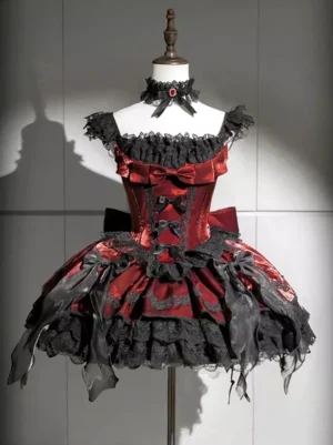 Burgundy Gothic Lolita jumper dress front full view on mannequin with black lace trims and decorative satin bows