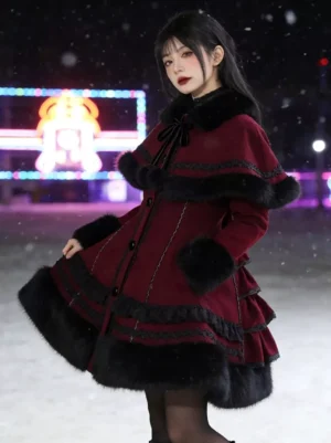 Burgundy gothic lolita winter overcoat with black fur trim and capelet on female model in snowy night street setting three-quarter angle view