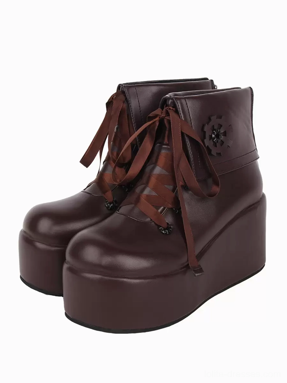 Burgundy gothic lolita platform boots with mechanical gear details and brown ribbon laces - right oblique view displaying overall silhouette and embellishment placement