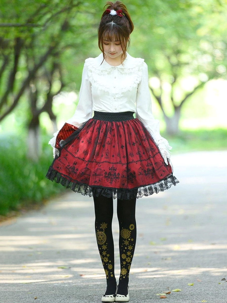 Burgundy lolita skirt back view full body model gold printed black stockings red hair accessory outdoor park