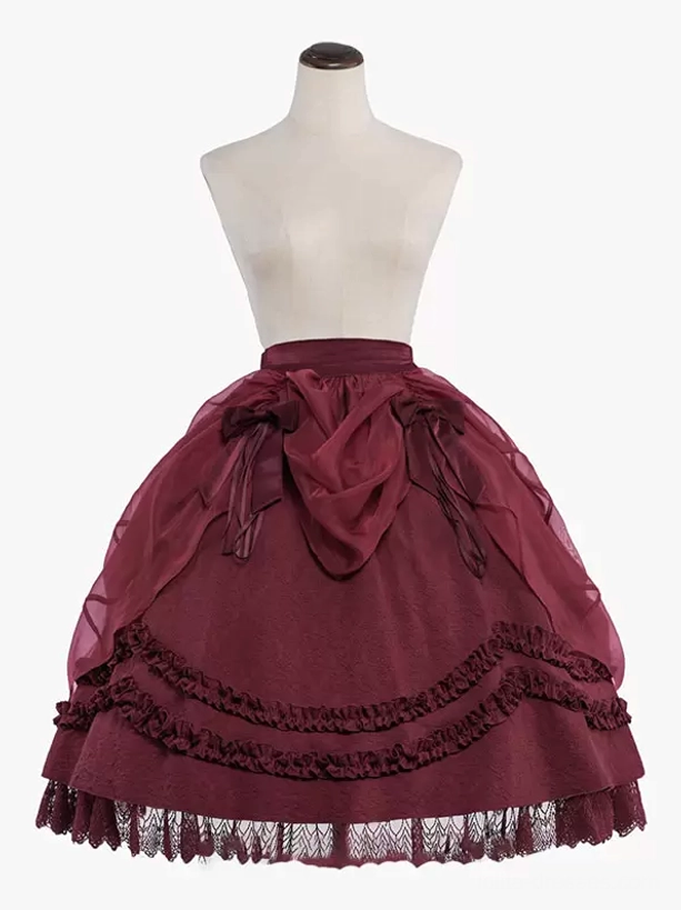 Burgundy Red Gothic Lolita Skirt with Large Front Bow and Delicate Lace Hem - Hanging Display Details