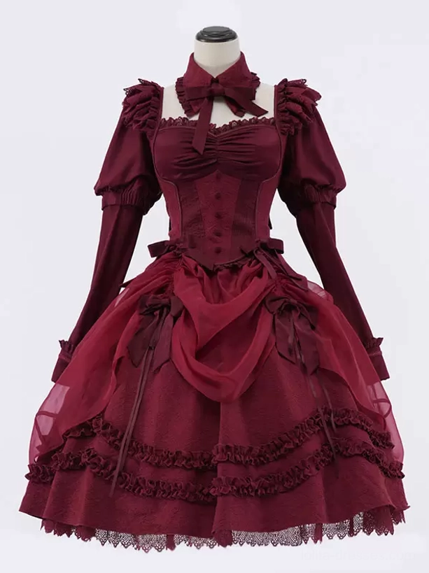 Burgundy Red Gothic Lolita Skirt Set with Square Neck Bow and Puffed Long Sleeves - Mannequin Flat Display