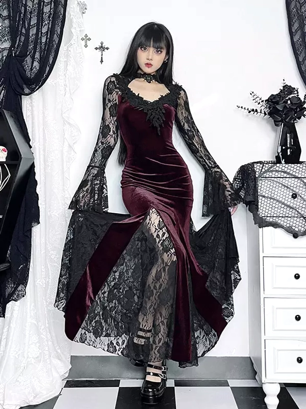 Burgundy gothic lolita velvet mermaid dress with sheer lace bell sleeves, three-quarter view on model displaying fitted bodice and romantic fishtail hem