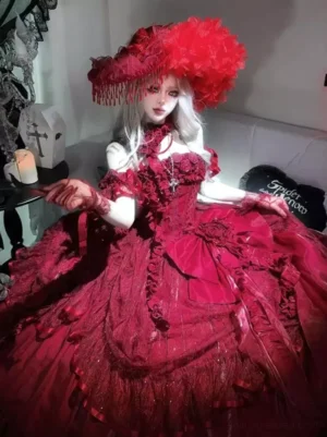burgundy gothic wedding lolita ball gown three-quarter front view with off-shoulder ruffled bodice voluminous satin skirt and statement bow