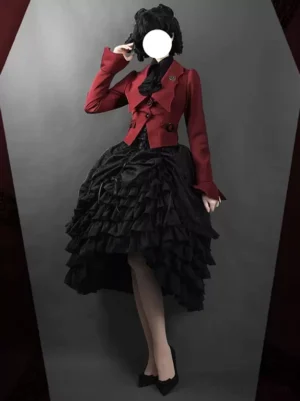 Burgundy Gothic Ouji Lolita coat full body side-front view on model with dark vintage background, paired with black ruffled skirt and tailored waist design, showing structured lapels and long sleeves