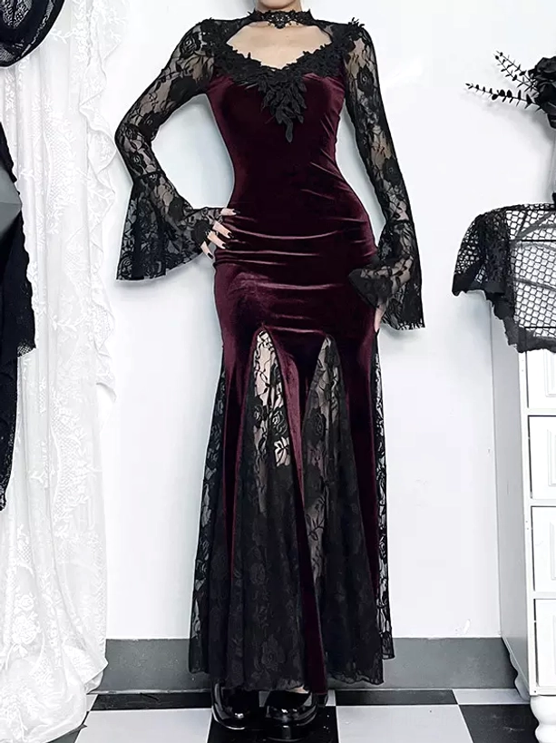 Back view of burgundy gothic velvet lolita mermaid maxi dress showing high stand collar, sheer lace back panel, and elegant fitted silhouette