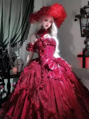 burgundy gothic lolita wedding ball gown full front view with floral corset ruffled neckline large bow dramatic silhouette