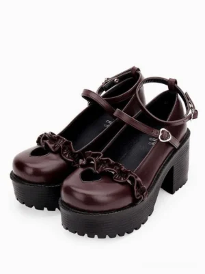 Burgundy heart-cutout platform chunky heel lolita pumps with ruched vamp and heart-buckle ankle straps, three-quarter front view pair