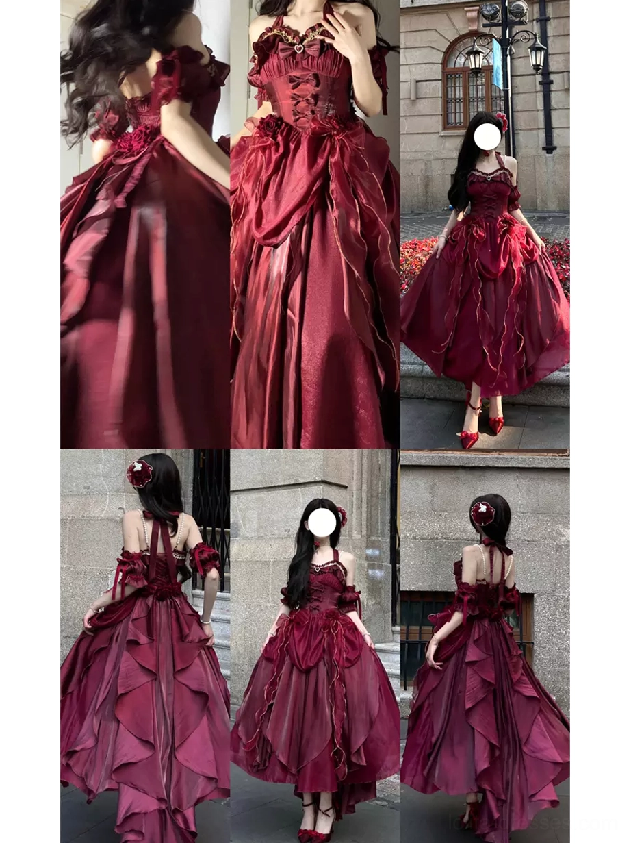 Burgundy hime lolita dress sleeveless off-shoulder ruffled construction rich jewel tone romantic sweet lolita fashion coordinate