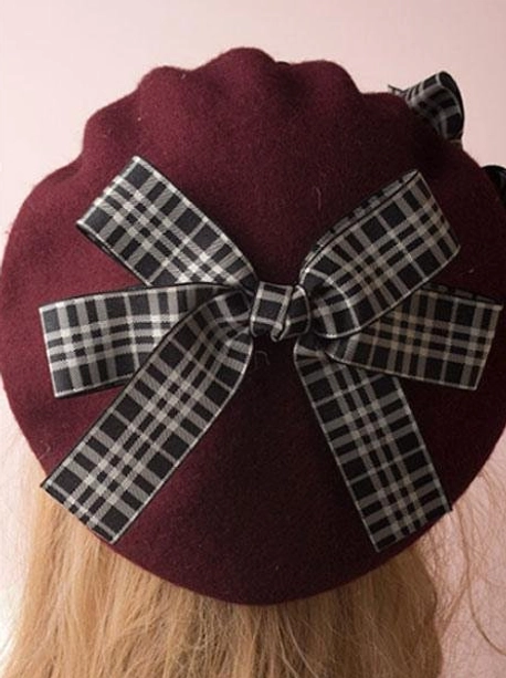 Burgundy lolita beret back view large gingham plaid bow burgundy wool fabric rear angle